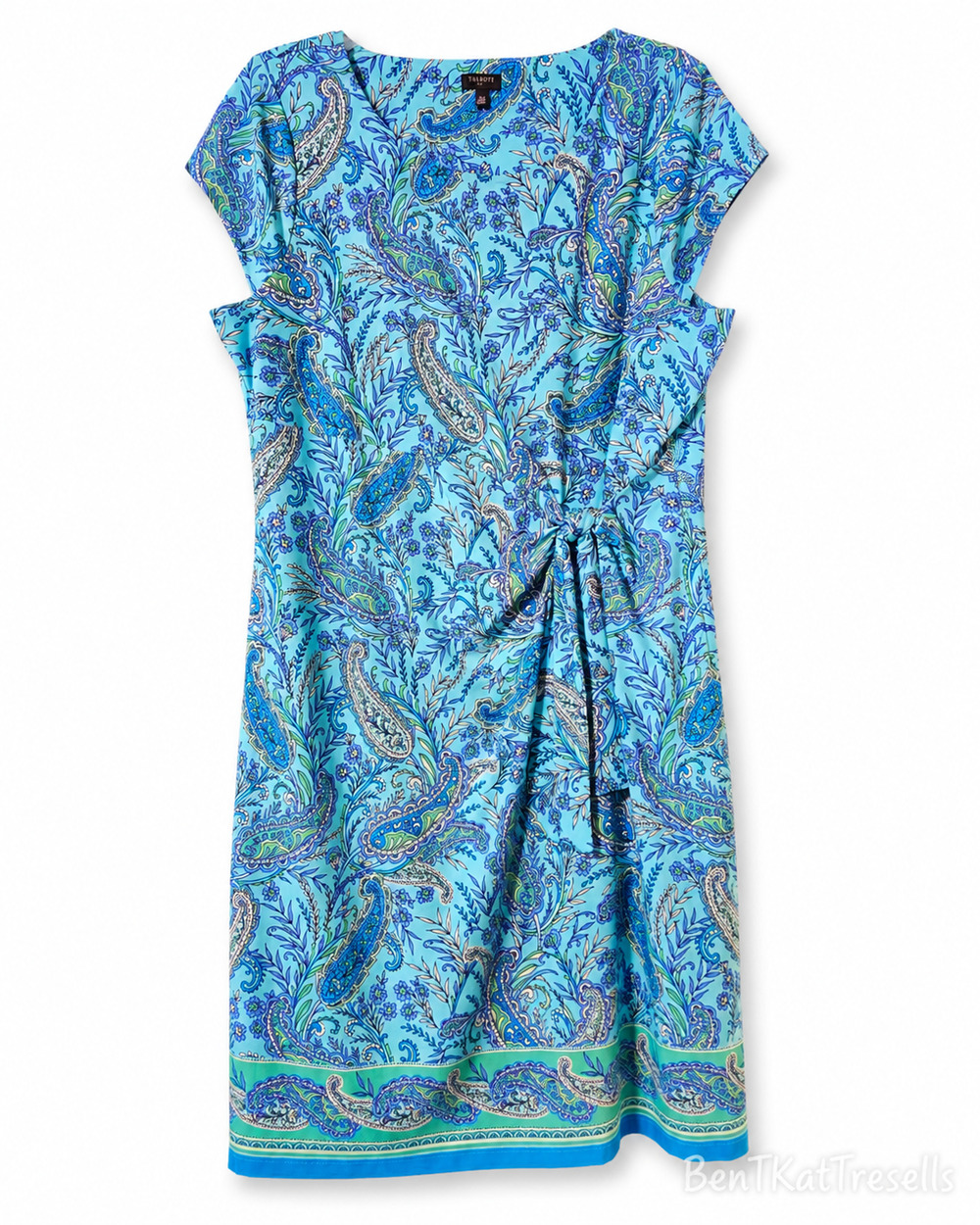 Talbots Petite XL Paisley Sheath Dress Blue Stretch Side Tie Career Midi Cottage